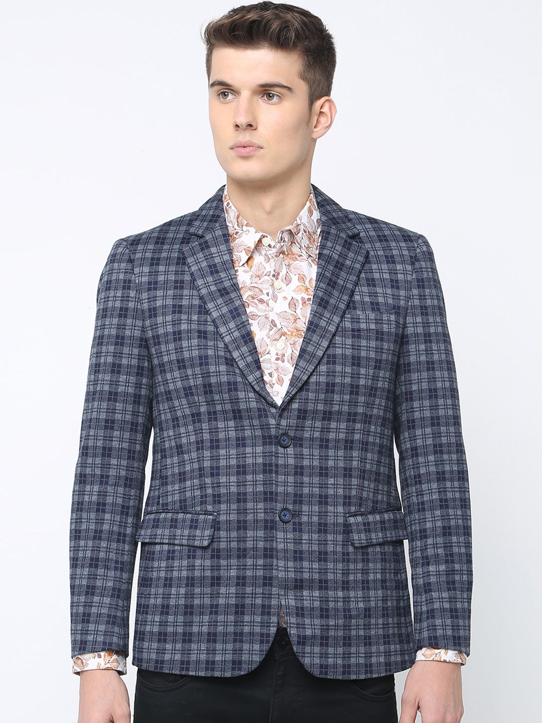 Basics Men Navy Blue Checked Single-Breasted Blazer-picture-36