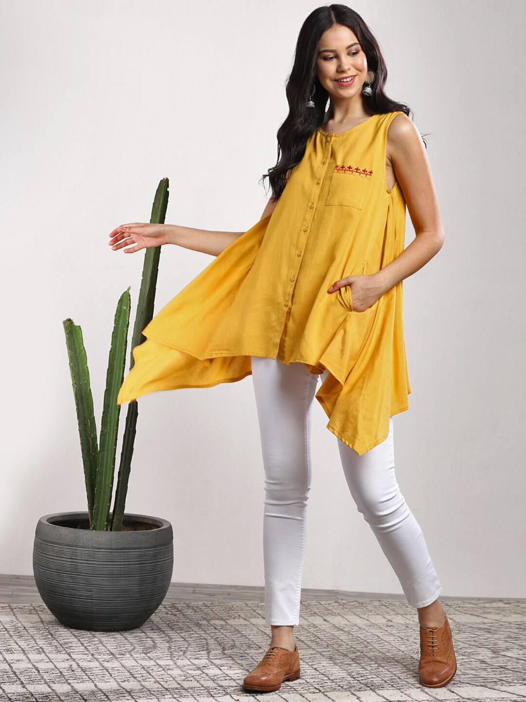 Sangria Women Mustard Yellow Embroidered Detail Asymmetrical Hem A-Line Pure Cotton Top