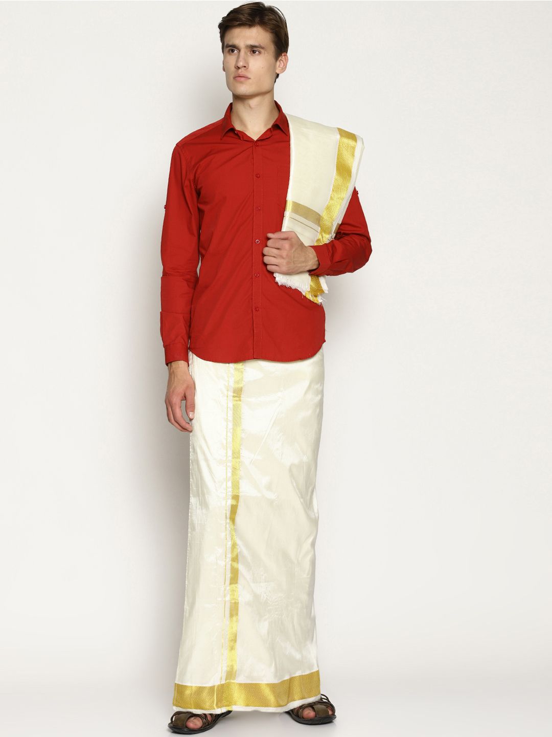 Sethukrishna Men Cream-Coloured Solid Double Layer Readymade Dhoti-picture-41