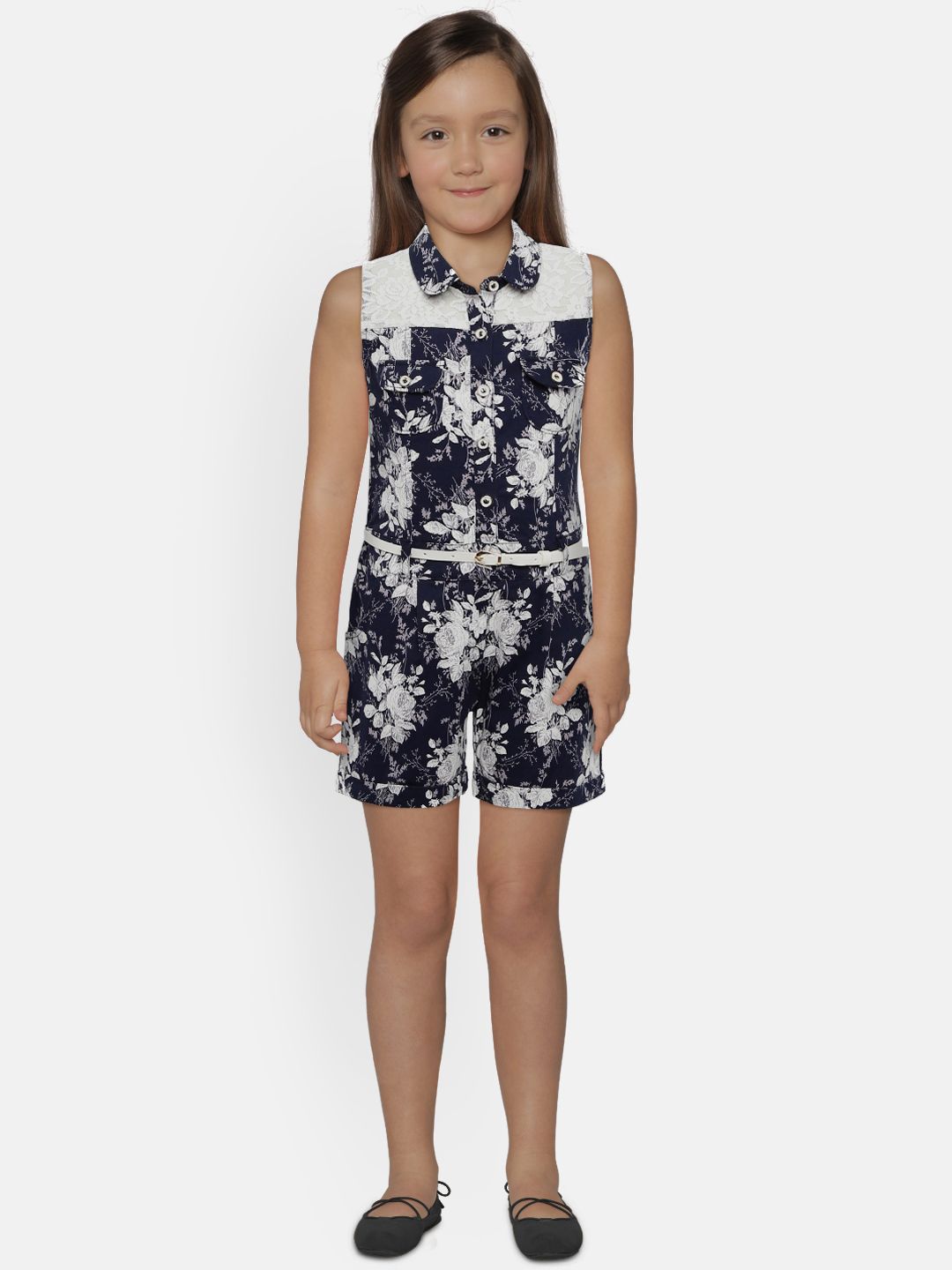 Peppermint Girls Navy Blue & White Printed Playsuit-picture-28