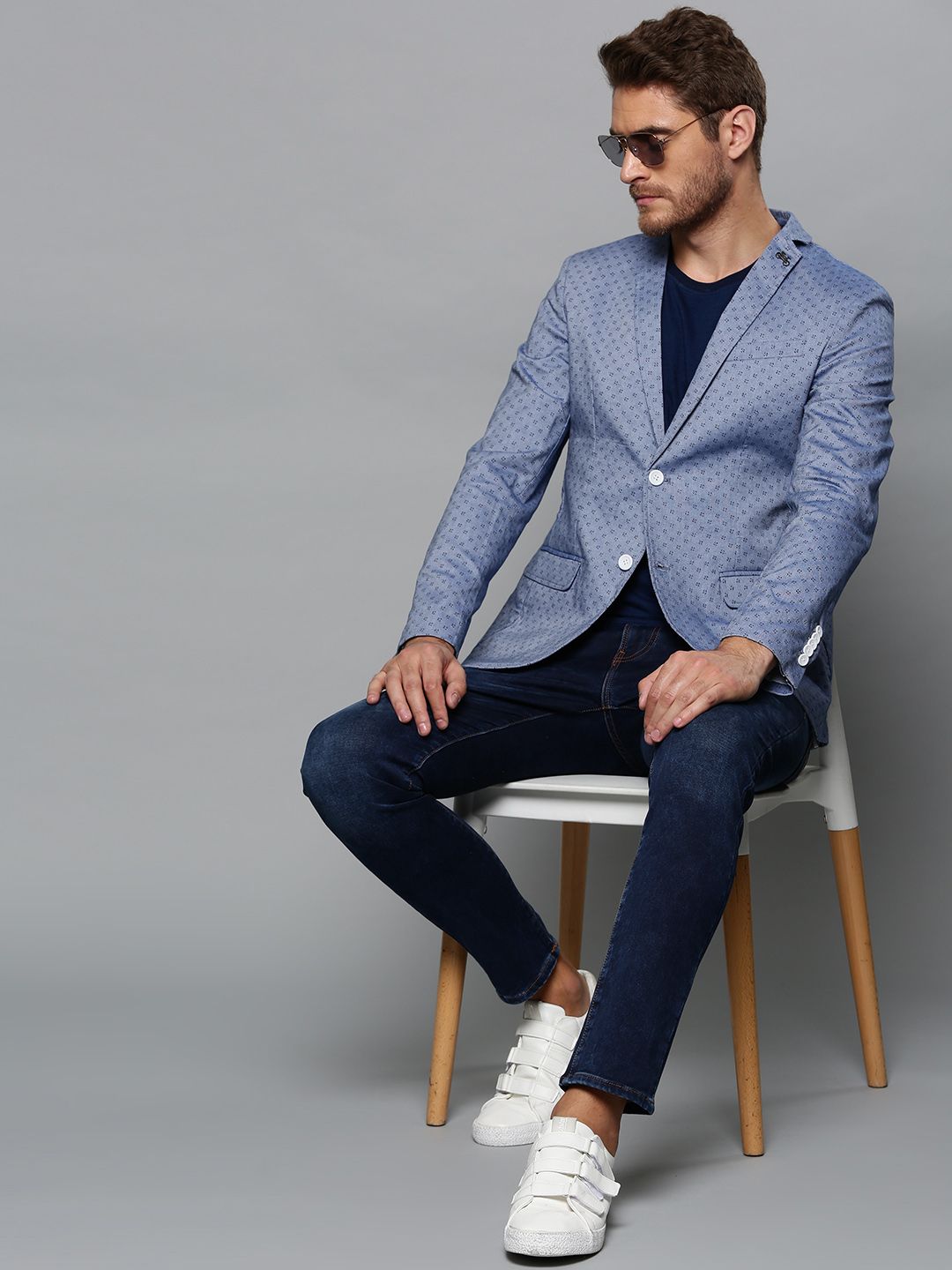 Blackberrys Men Blue Printed Trim Slim Fit Single-Breasted Casual Pure Cotton Blazer-picture-11