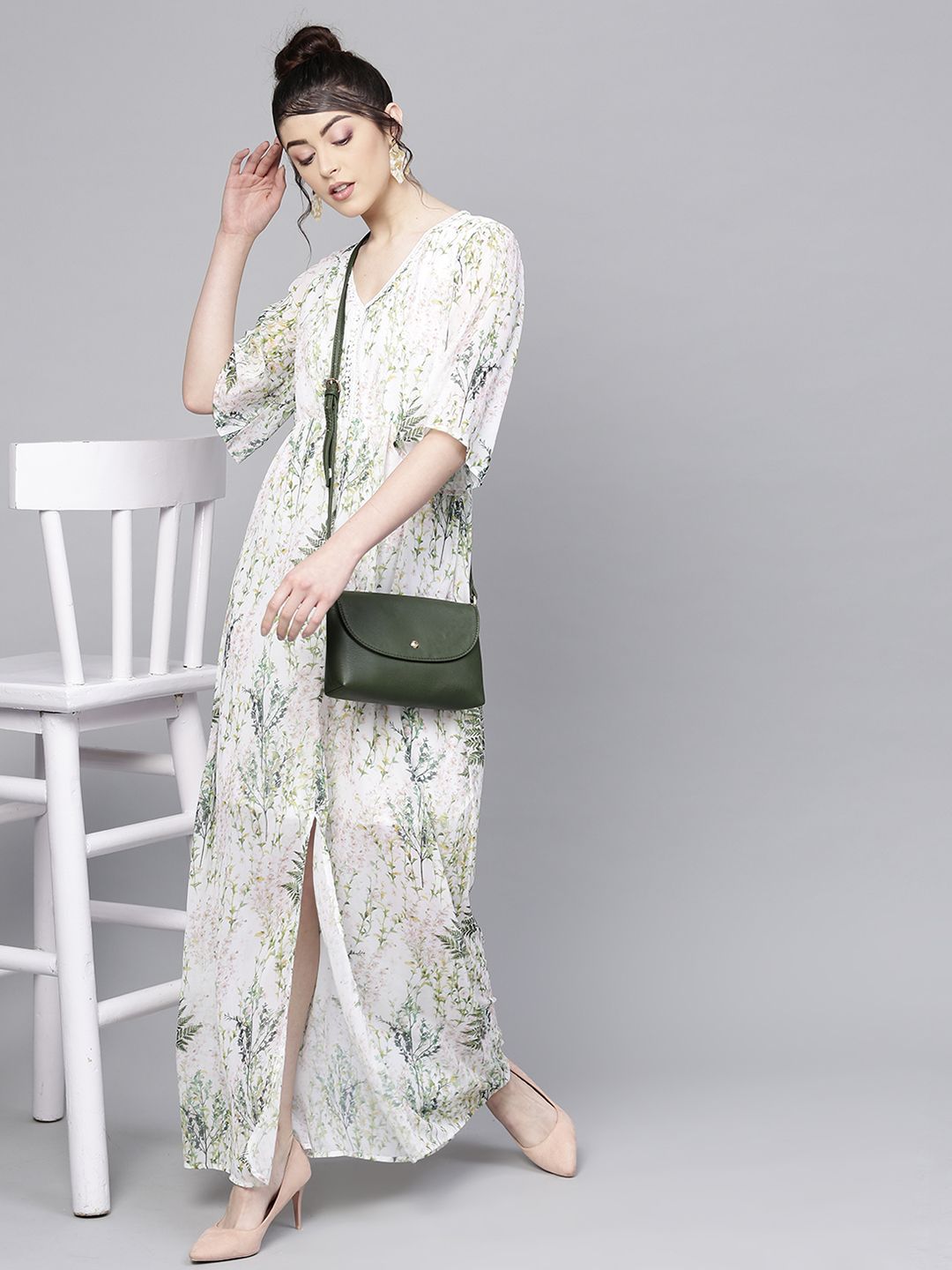 SASSAFRAS Women Off-White & Green Printed Maxi Dress