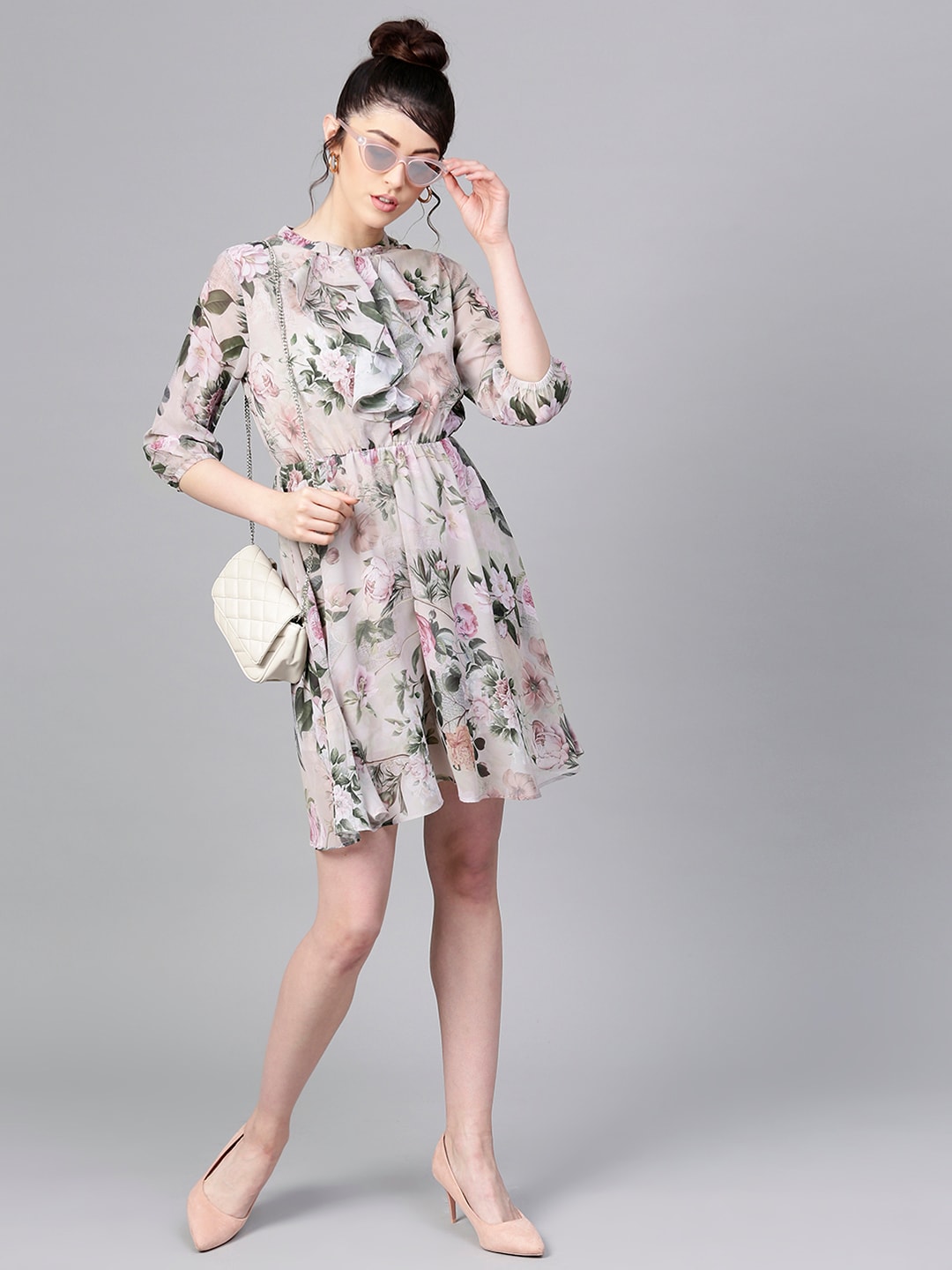 SASSAFRAS Women Grey & Green Floral Print Fit and Flare Dress