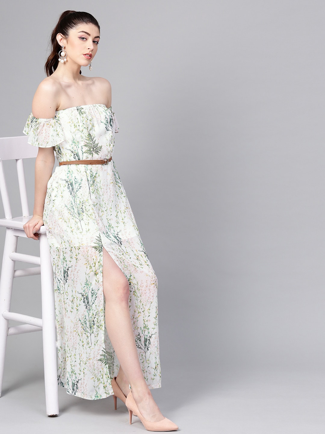 SASSAFRAS Women Off-White & Green Printed Maxi Dress