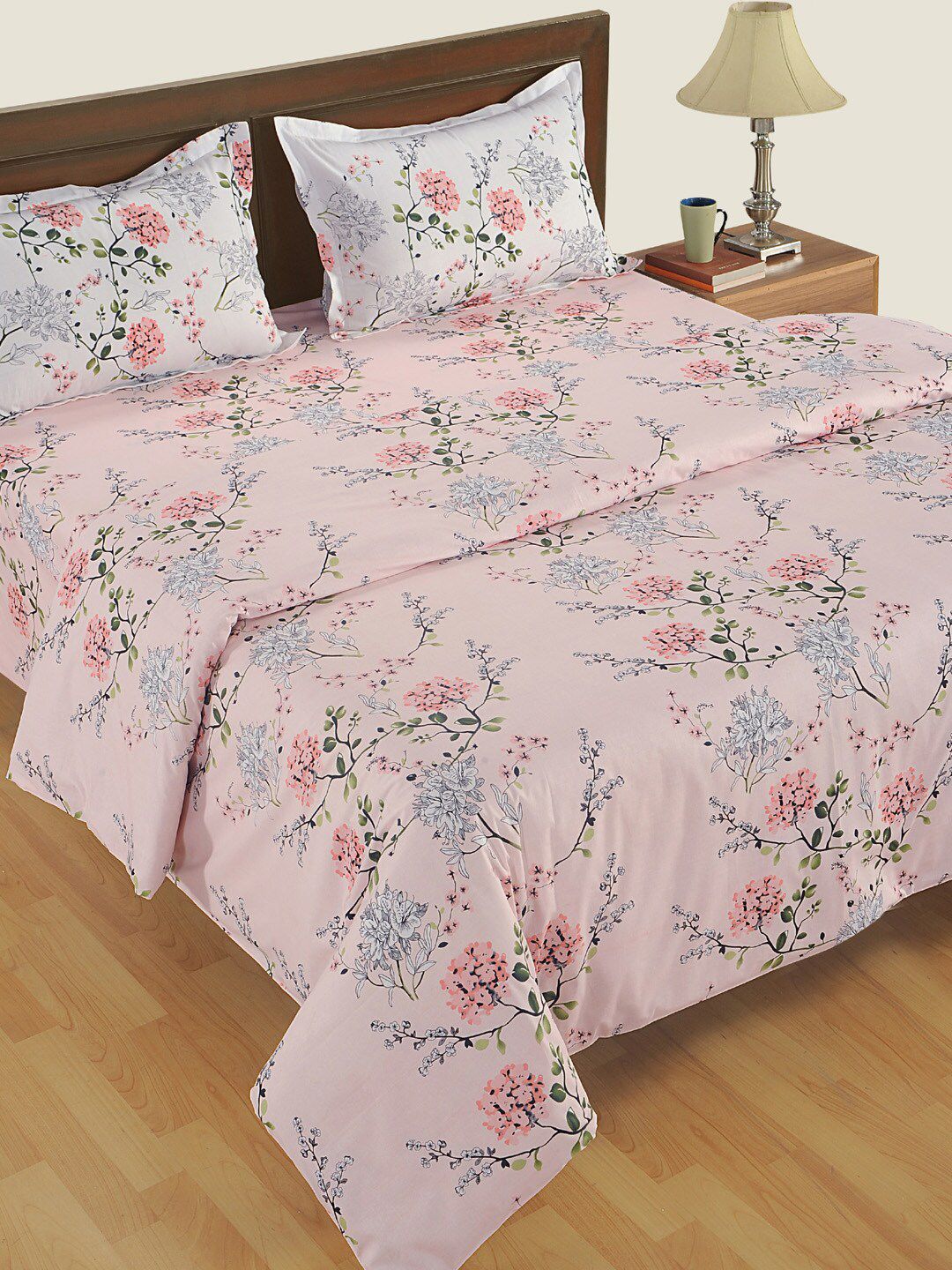 Swayam Grey & Pink Cotton 180TC Printed Bedding Set-image-19