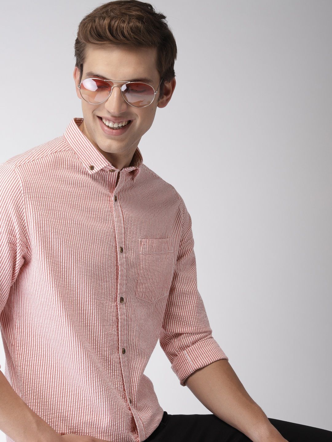 Mast & Harbour Men Pink & White Slim Fit Striped Casual Sustainable Shirt