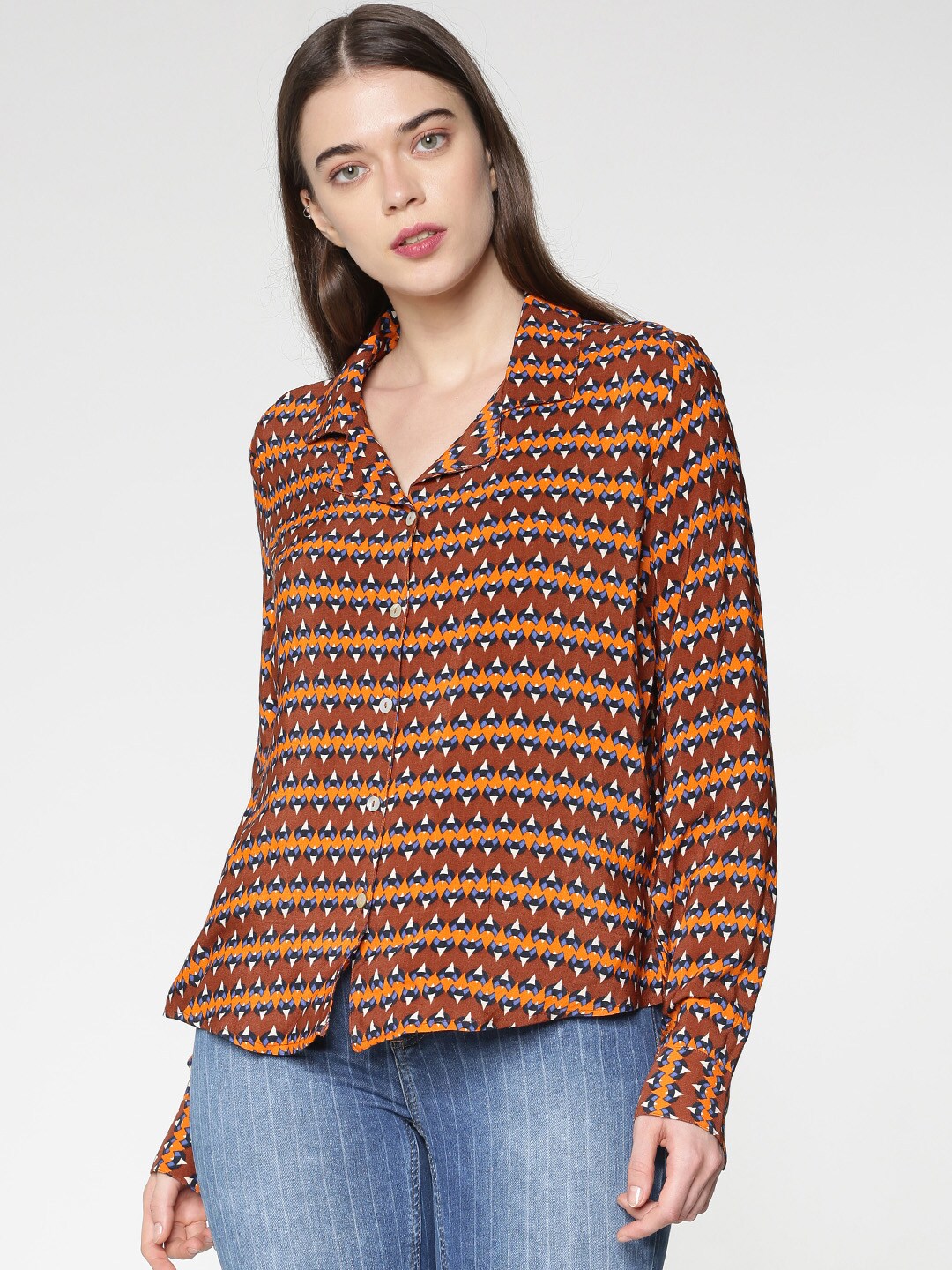 ONLY Women Brown Regular Fit Printed Casual Shirt