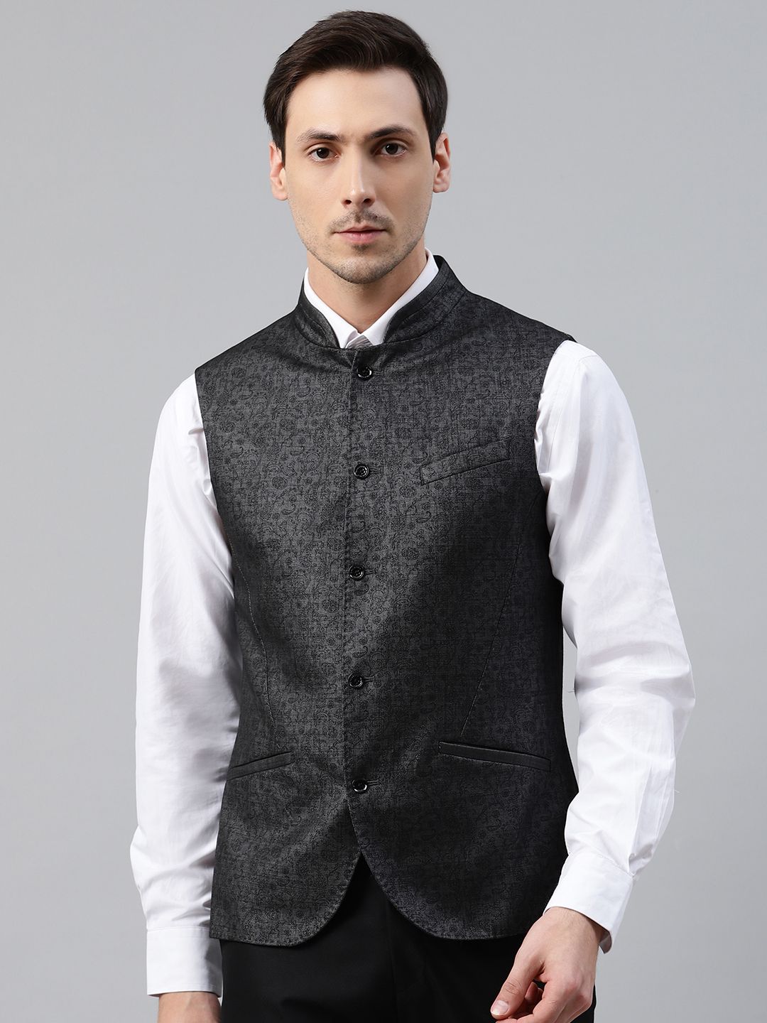 Blackberrys Men Charcoal Grey Slim Fit Ethnic Printed Smart Casual Nehru Jacket-image-12