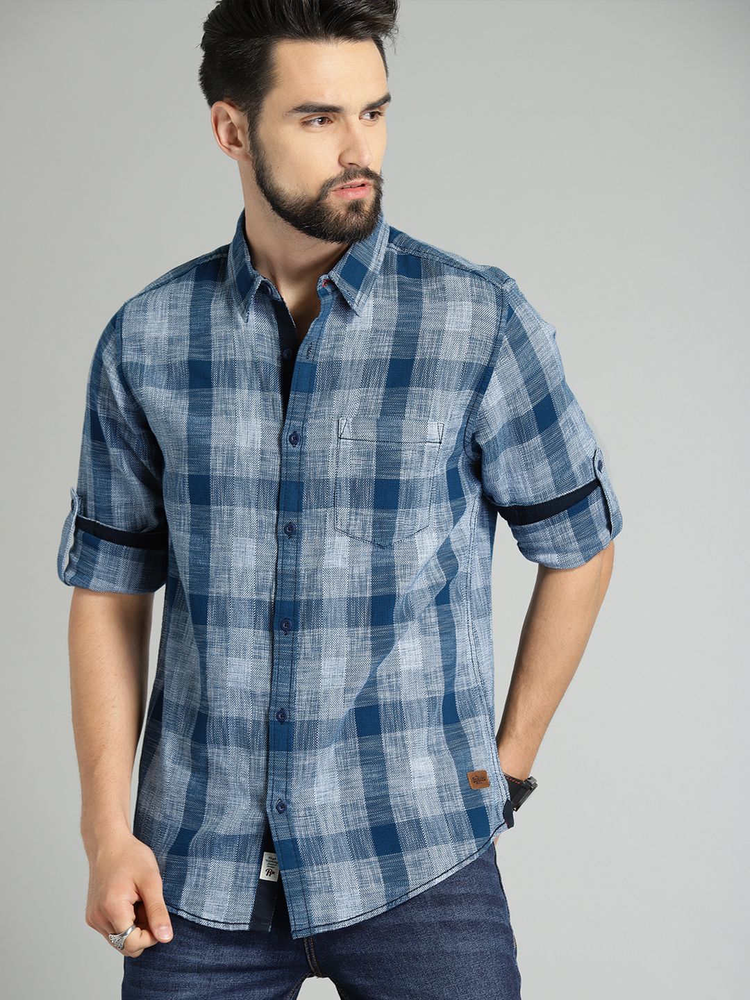 Roadster Men Blue & White Checked Structured Sustainable Casual Shirt-image-37