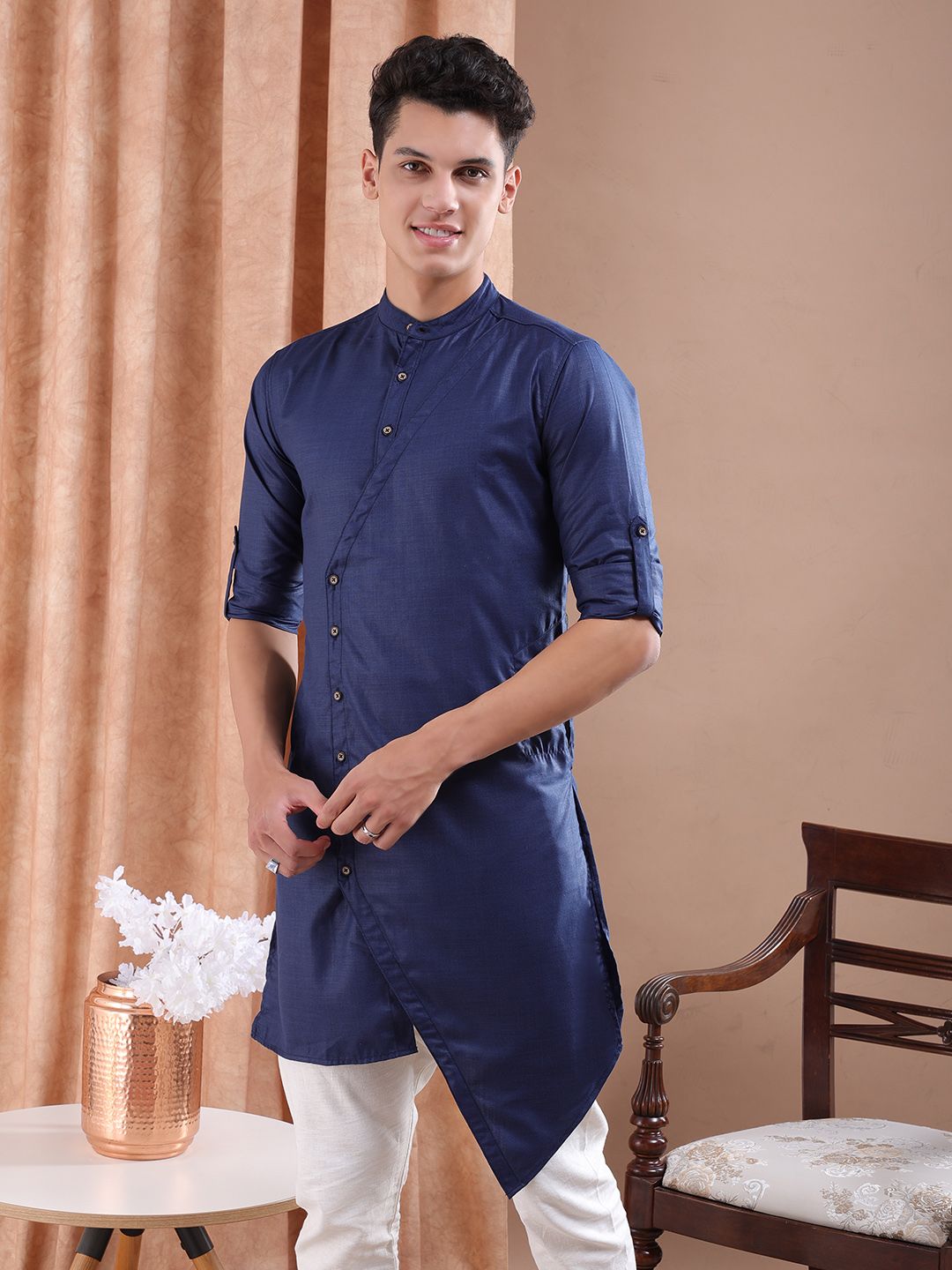 Freehand by The Indian Garage Co Men Navy Blue Solid Straight Kurta-image-21