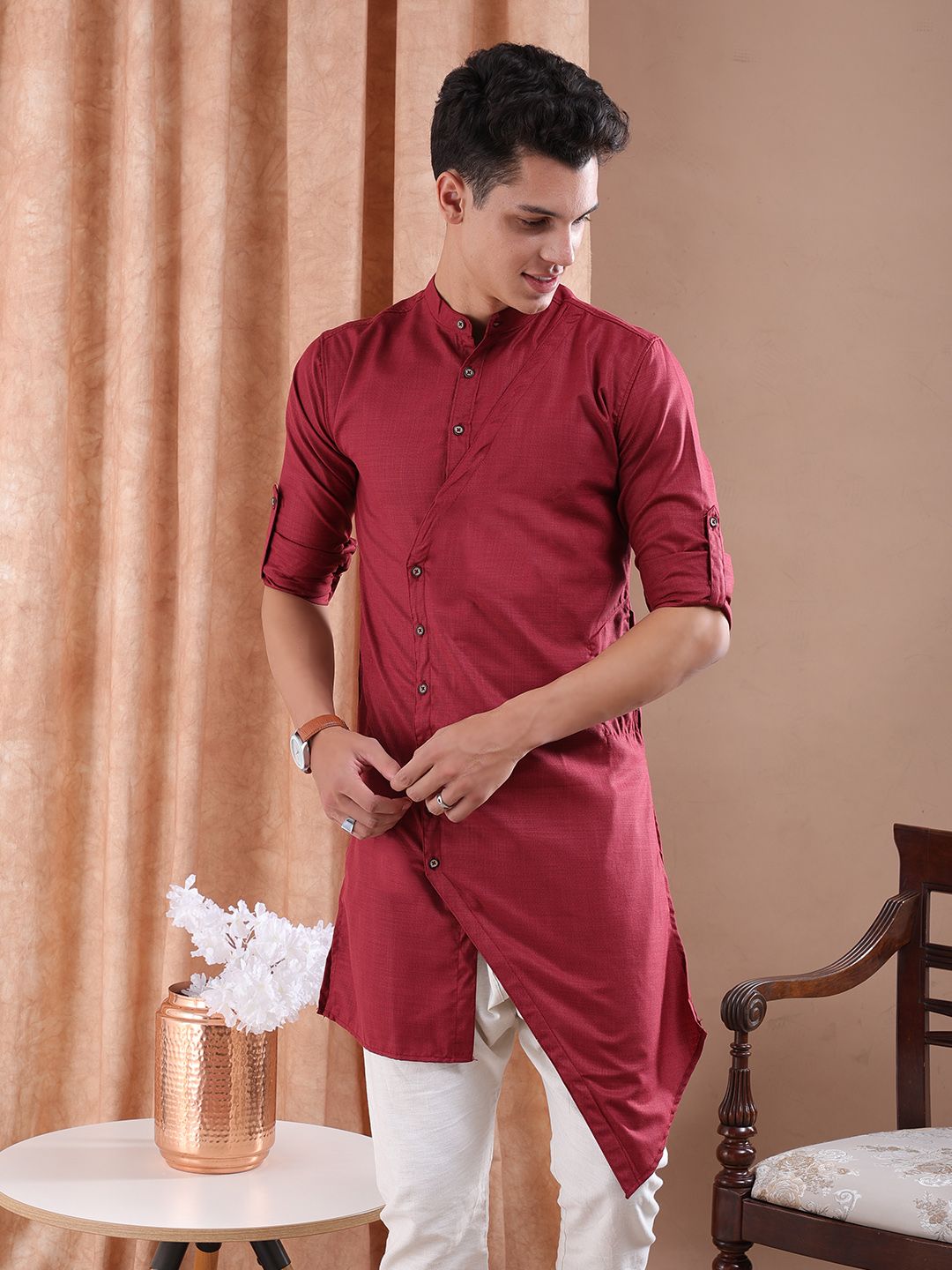 Freehand by The Indian Garage Co Men Maroon Solid Asymmetric Hem Straight Kurta-picture-41