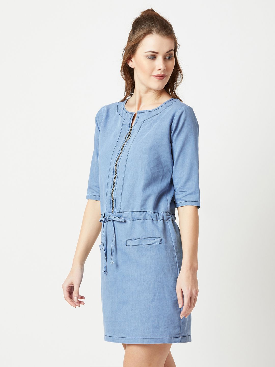 Miss Chase Women's Light Blue Three-Fourth Sleeve Denim Solid Light Weight Shift Dress