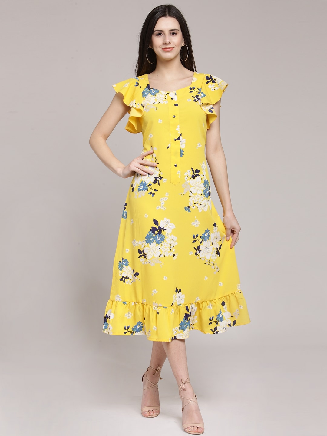 plusS Women Yellow & Off-White Floral Print A-Line Dress