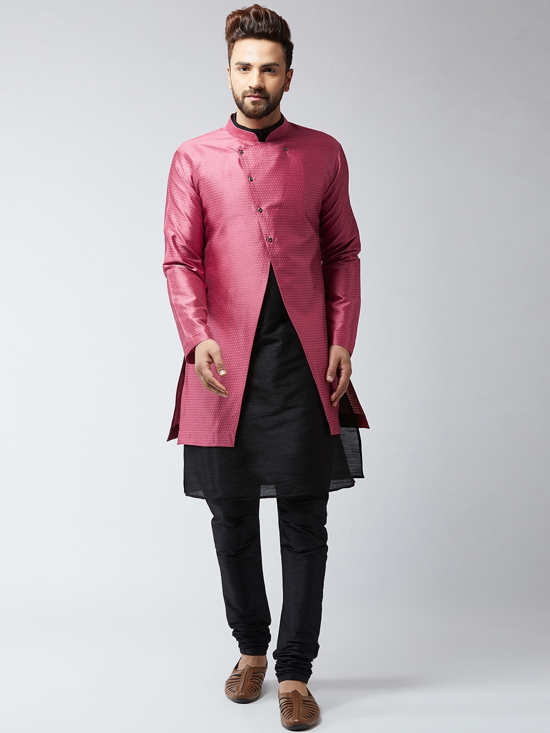 DEYAAN Men Pink & Black Silk Blend Self-Design Sherwani With Achkan