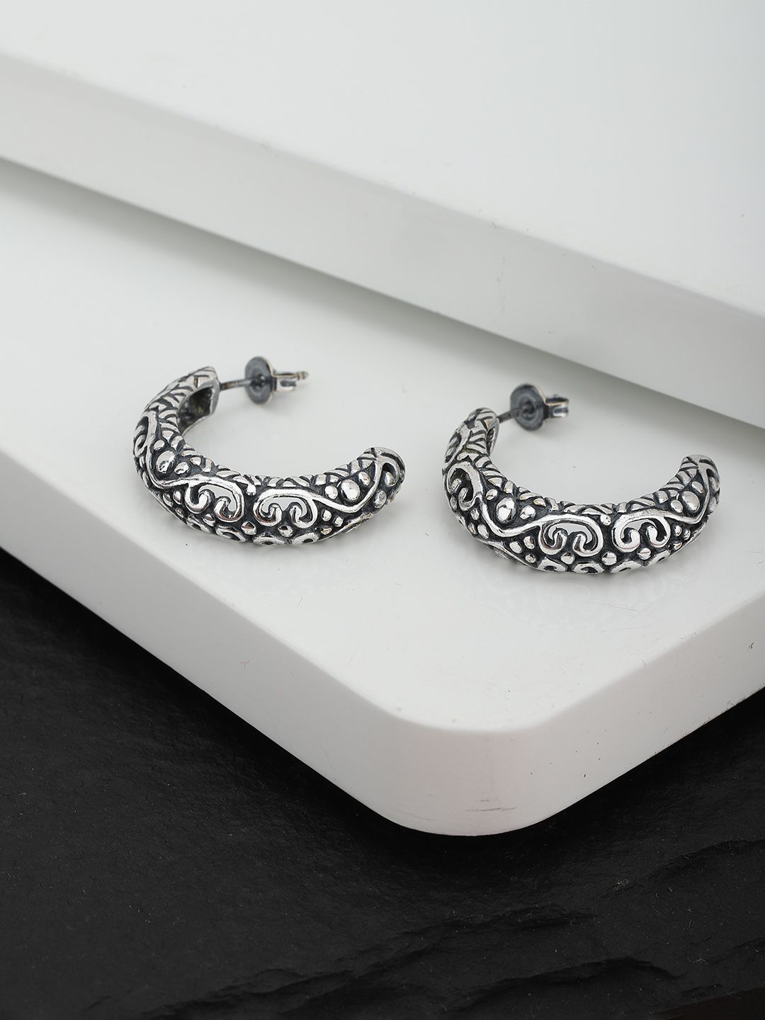 Carlton London Oxidised Silver-Plated Crescent Shaped Half Hoop Earrings-picture-34