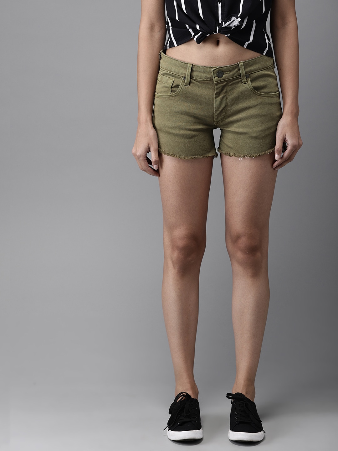Moda Rapido Women Olive Green Solid Regular Fit Denim Shorts