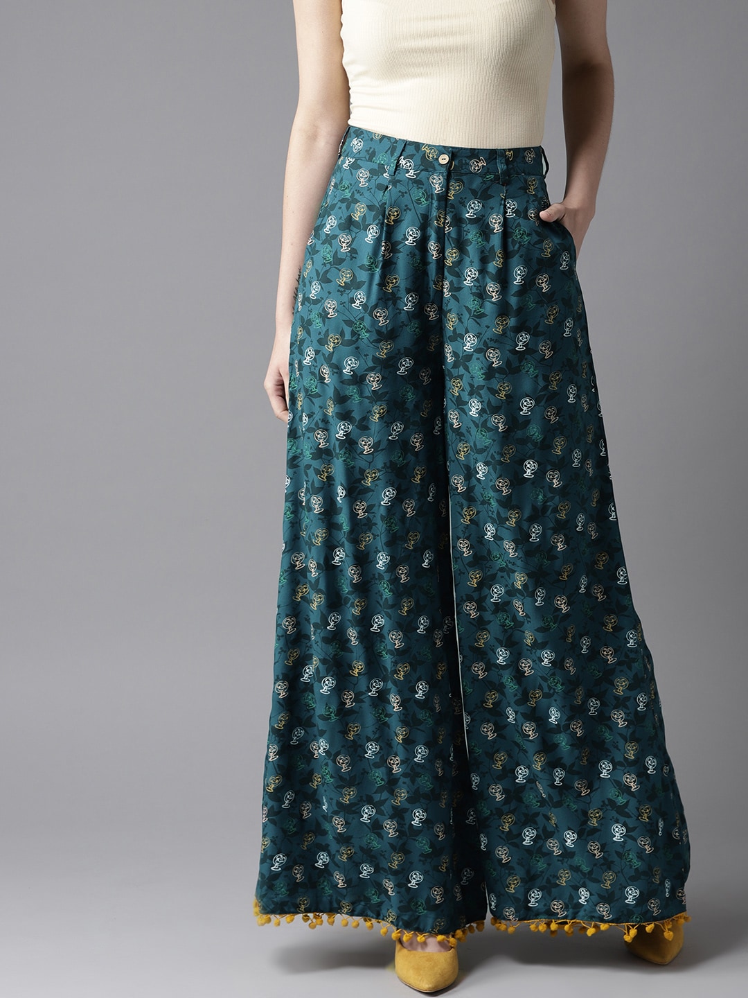 HERE&NOW Women Teal Green Printed Flared Palazzos