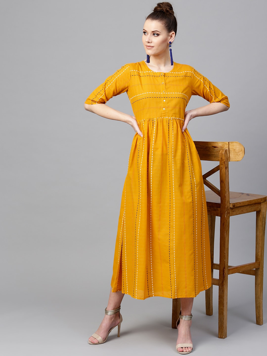 Libas Women Mustard Yellow Self-Striped Maxi Dress