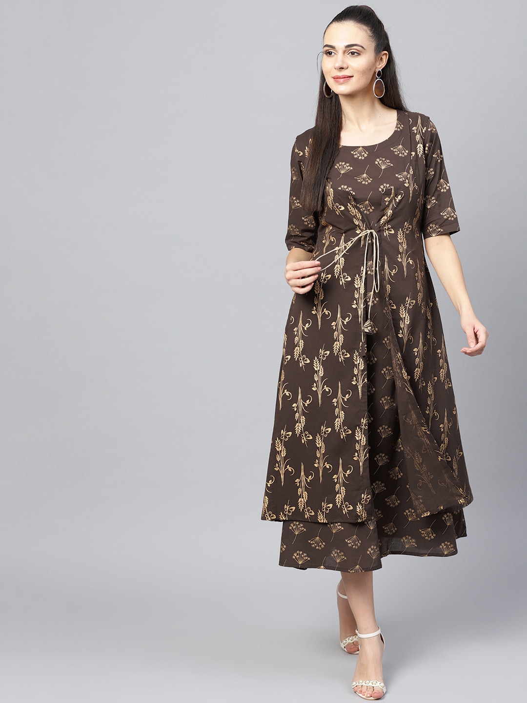 Libas Women Brown & Golden Printed Layered A-line Dress with Ethnic Jacket