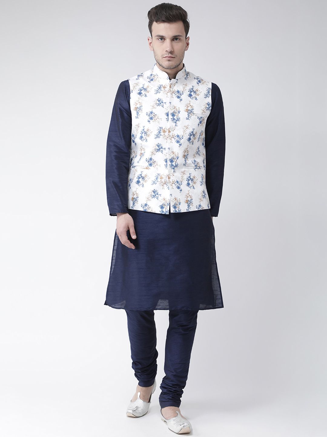 DEYANN Men Navy Blue & White Solid Kurta with Churidar & Nehru Jacket-picture-16