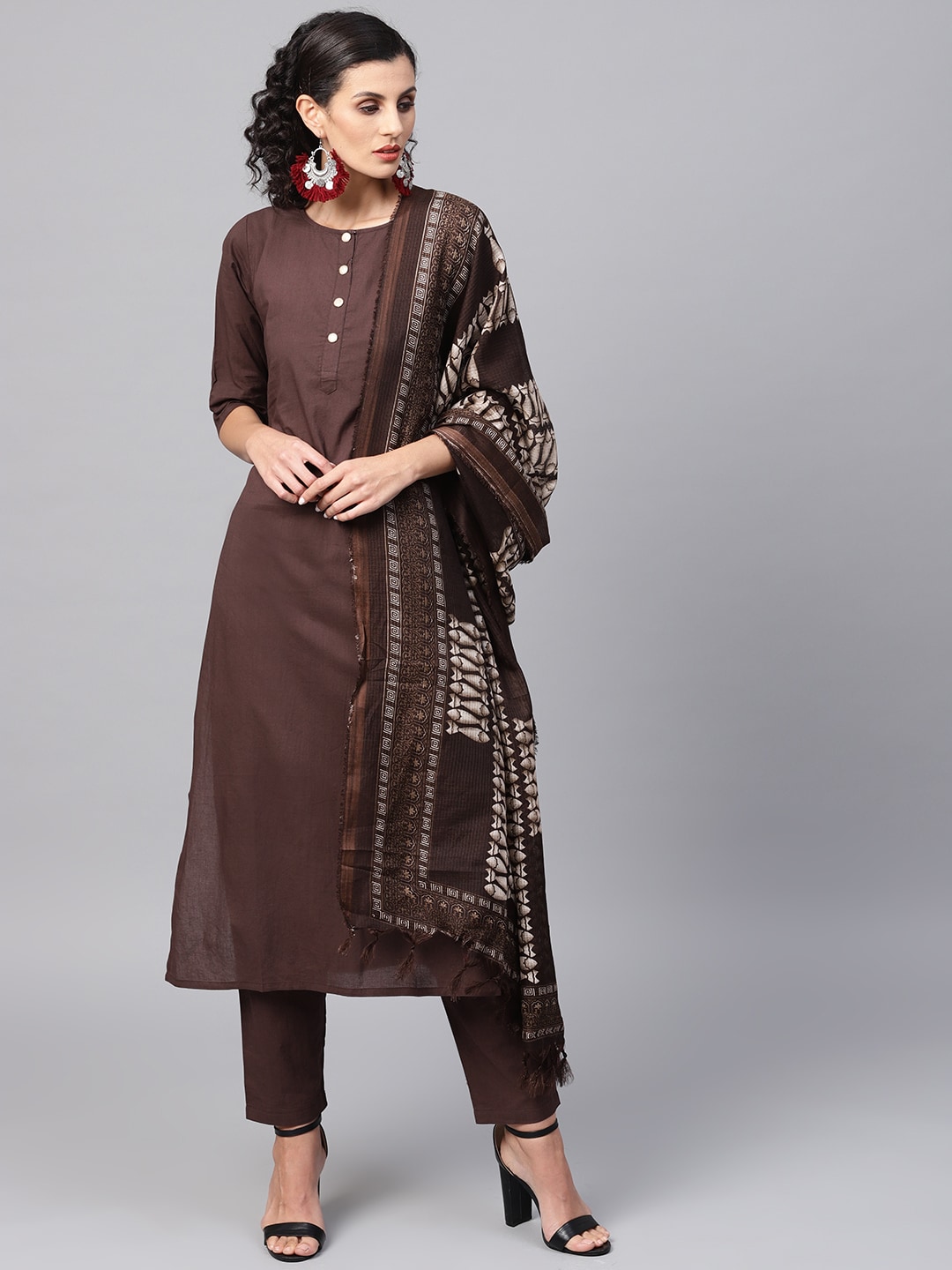 AASI - HOUSE OF NAYO Women Brown Solid Kurta with Trousers & Dupatta