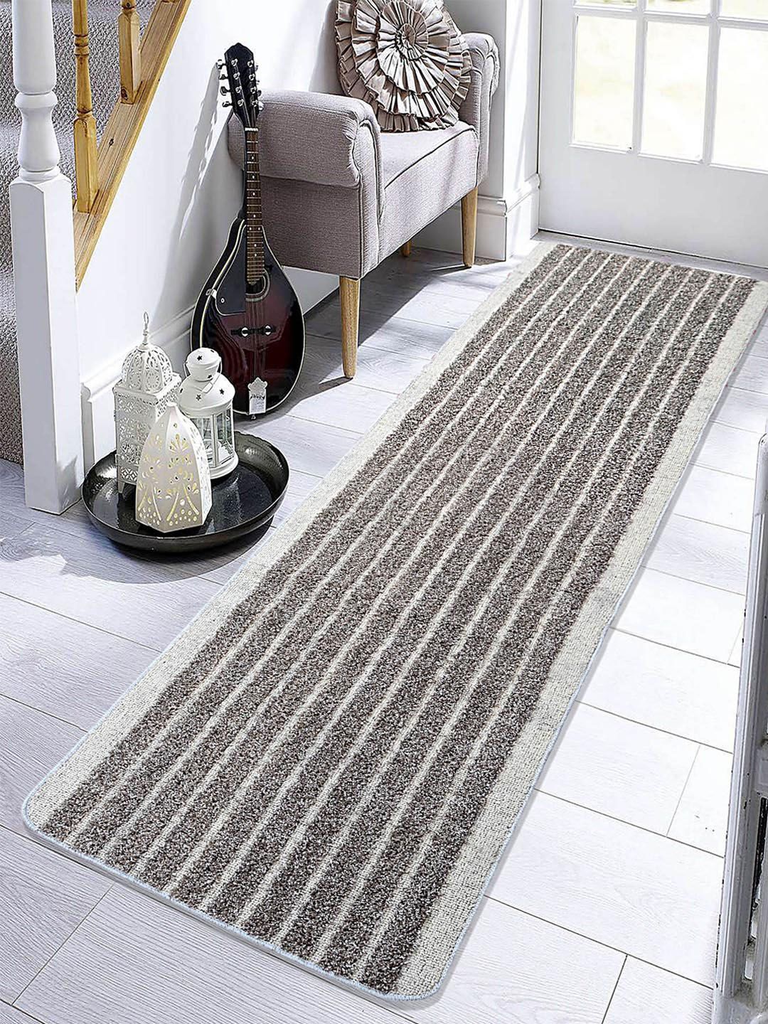 Saral Home Grey Striped Polyester Anti Slip Runner