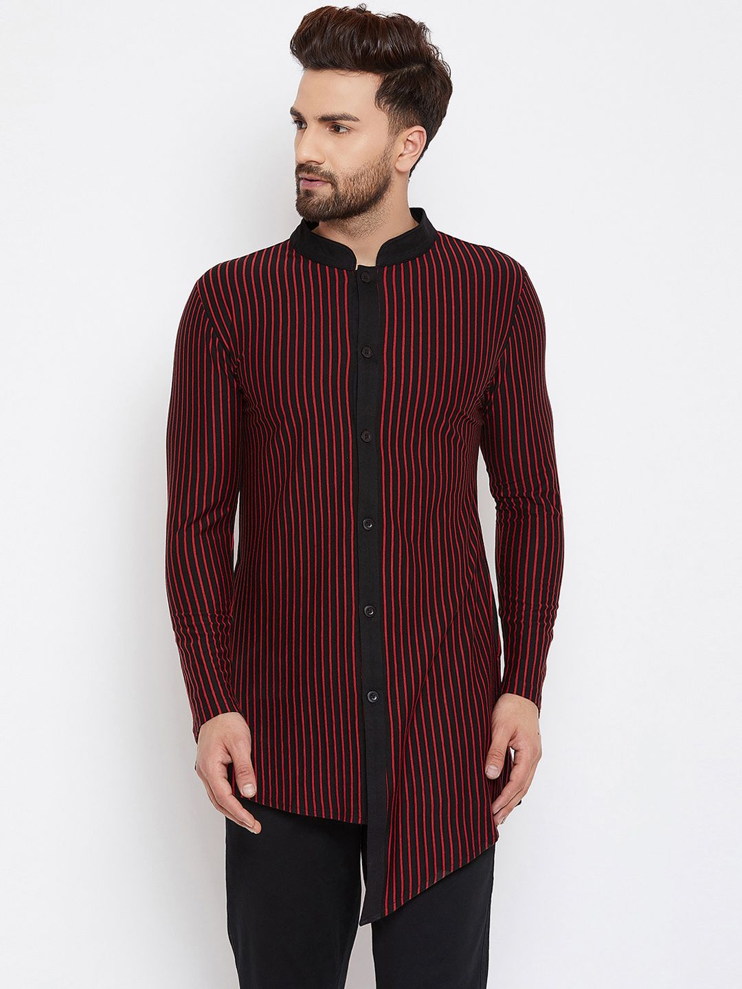 Hypernation Men Red & Black Striped Straight Kurta-picture-53