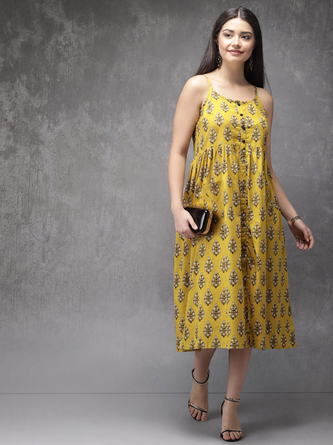 Anouk Women Mustard Yellow Printed A-Line Empire Kurta