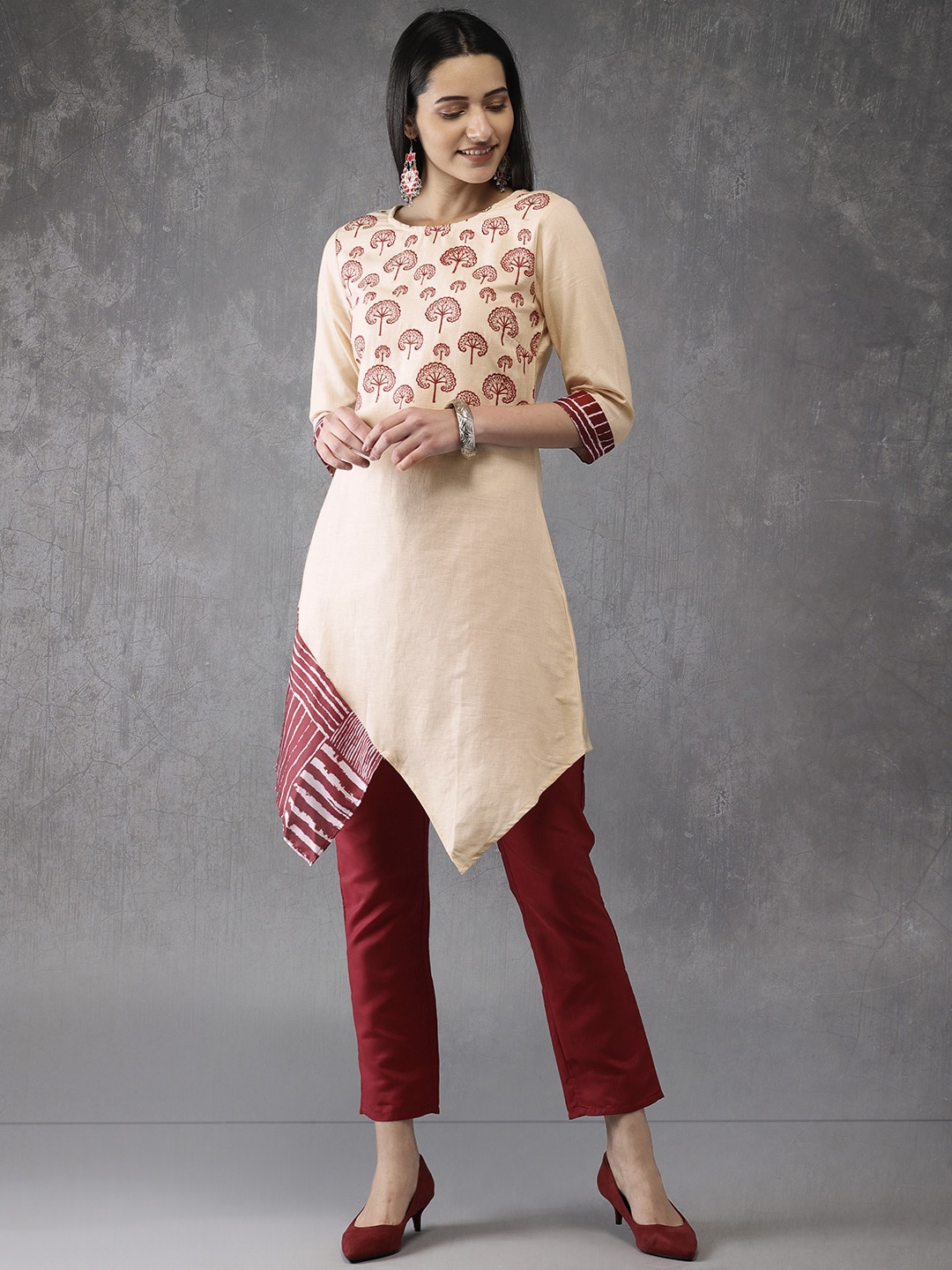 Anouk Women Beige & Maroon Embroidered Kurta with Trousers