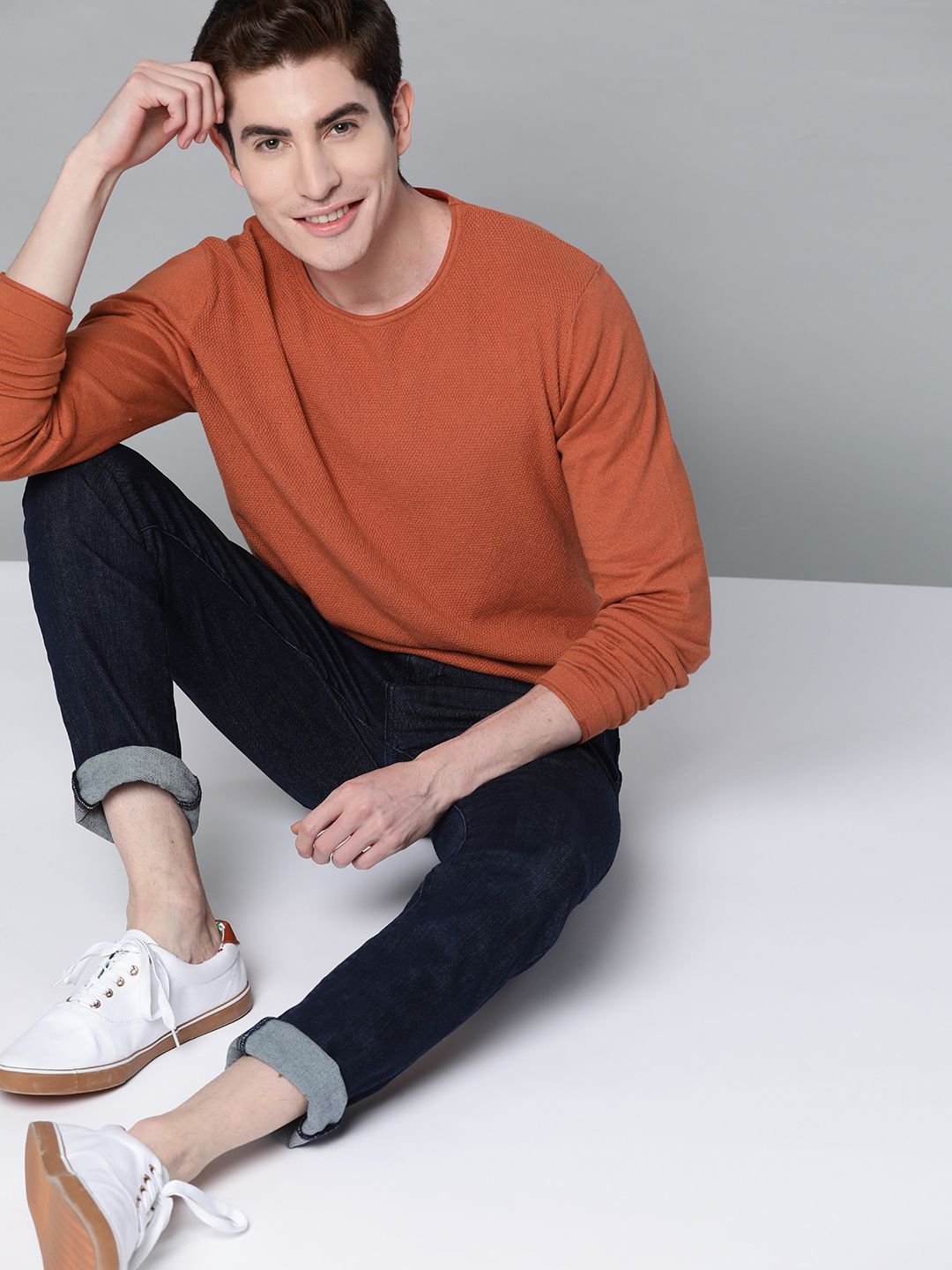 Mast & Harbour Men Rust Orange Solid Pullover