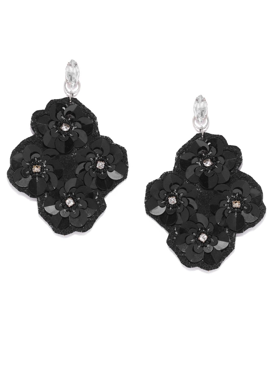 ToniQ Black Sequinned Floral Drop Earrings