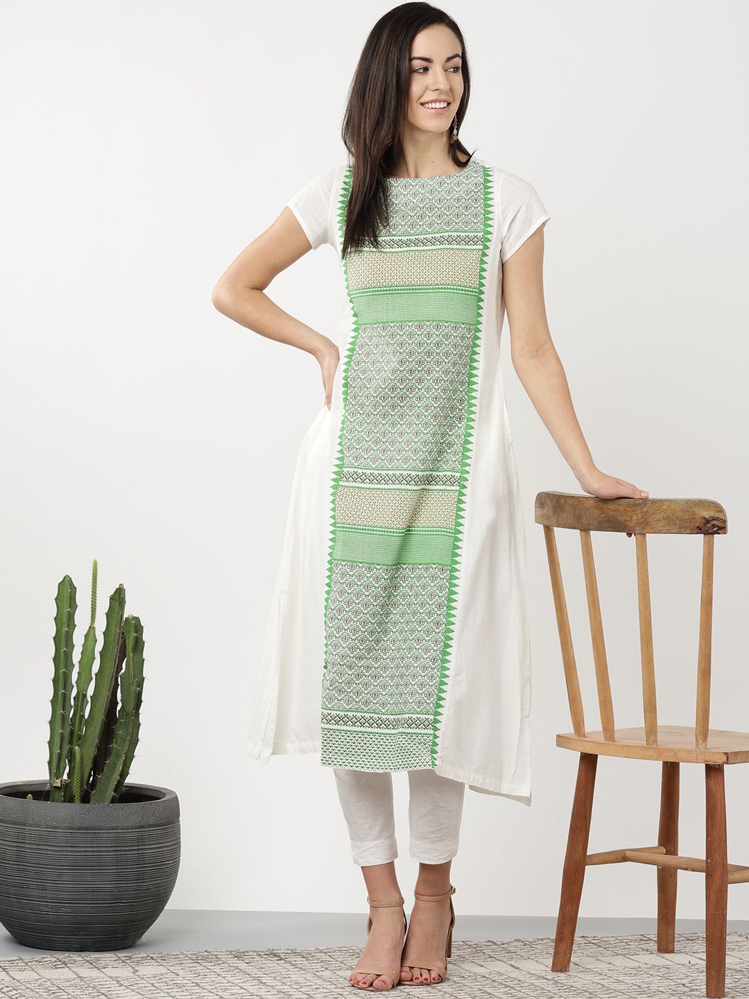 Sangria Women Green & Off-White Indie Printed A-Line Kurta