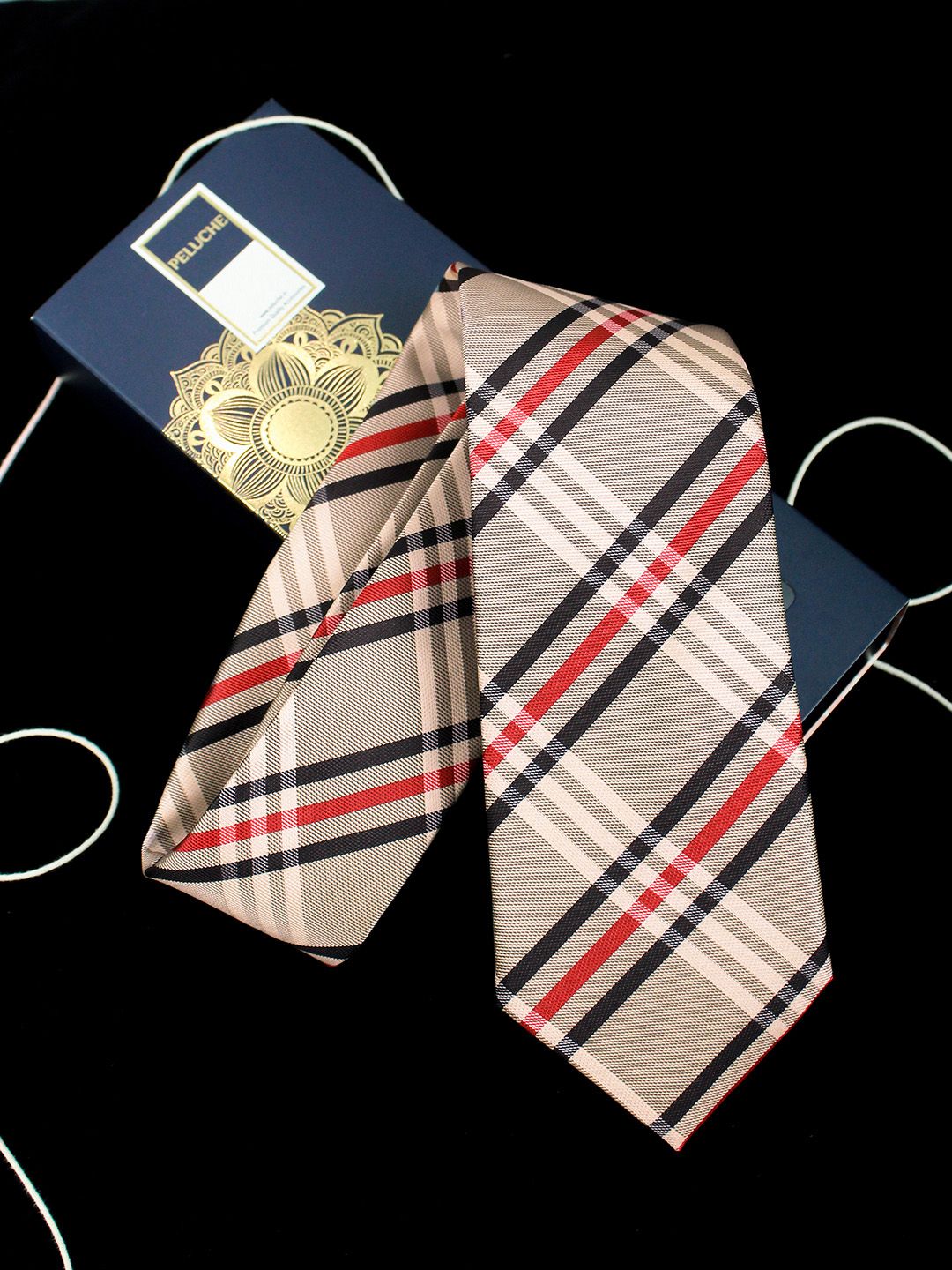 PELUCHE Beige & Red Checked Broad Tie-picture-50