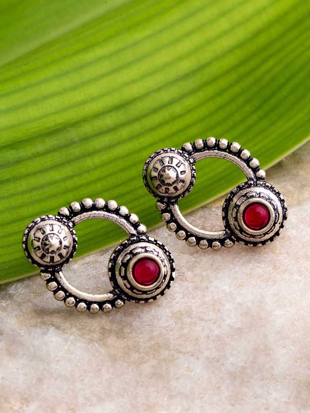 Voylla Maroon Oxidised Silver-Plated Handcrafted Circular Studs-picture-25