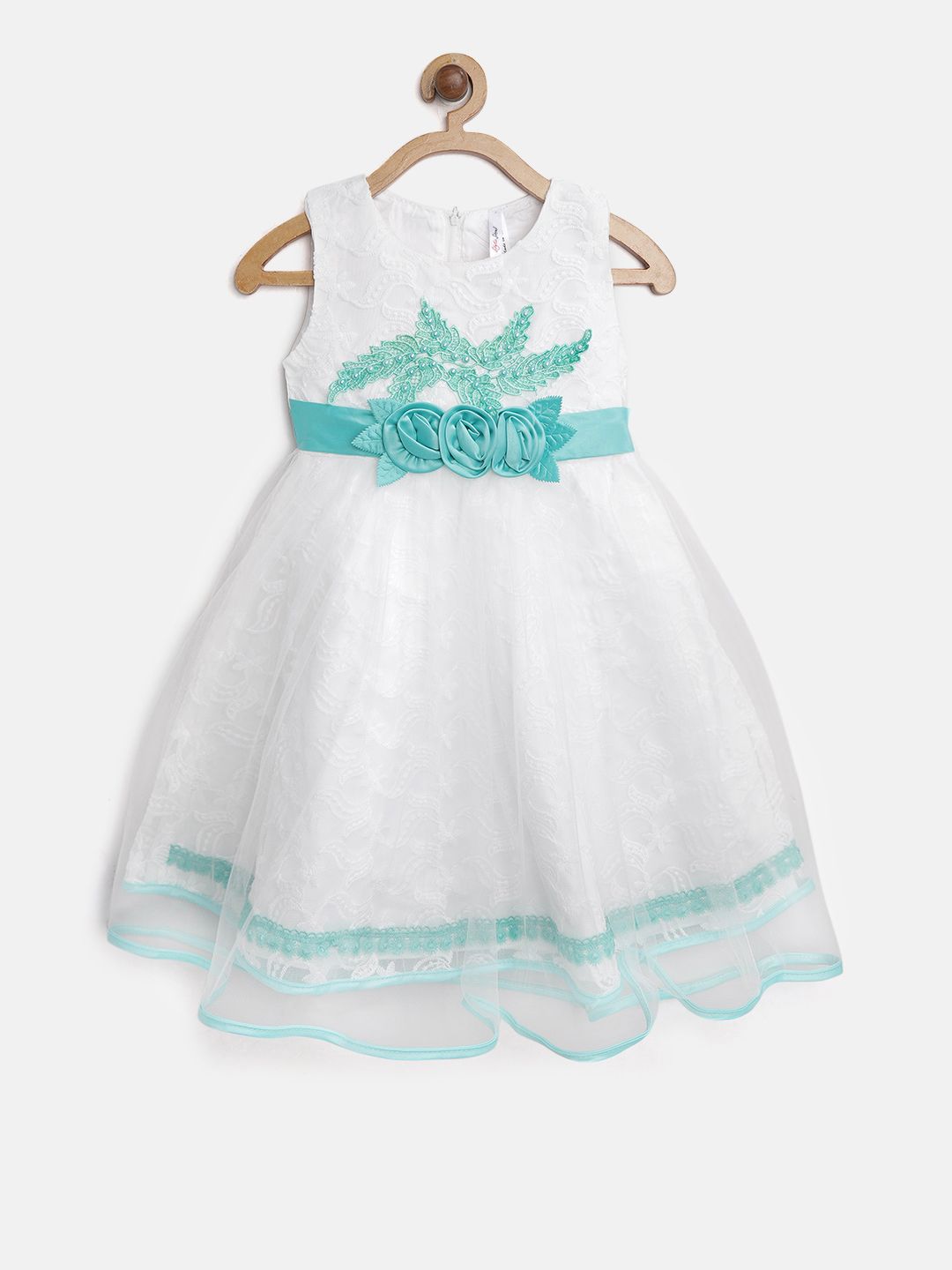 StyleStone Girls White & Sea Green Embroidered Fit and Flare Dress-picture-27