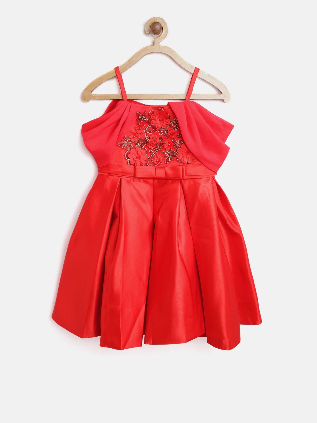 StyleStone Girls Red Solid Fit and Flare Dress with Embellished Detail-image-35