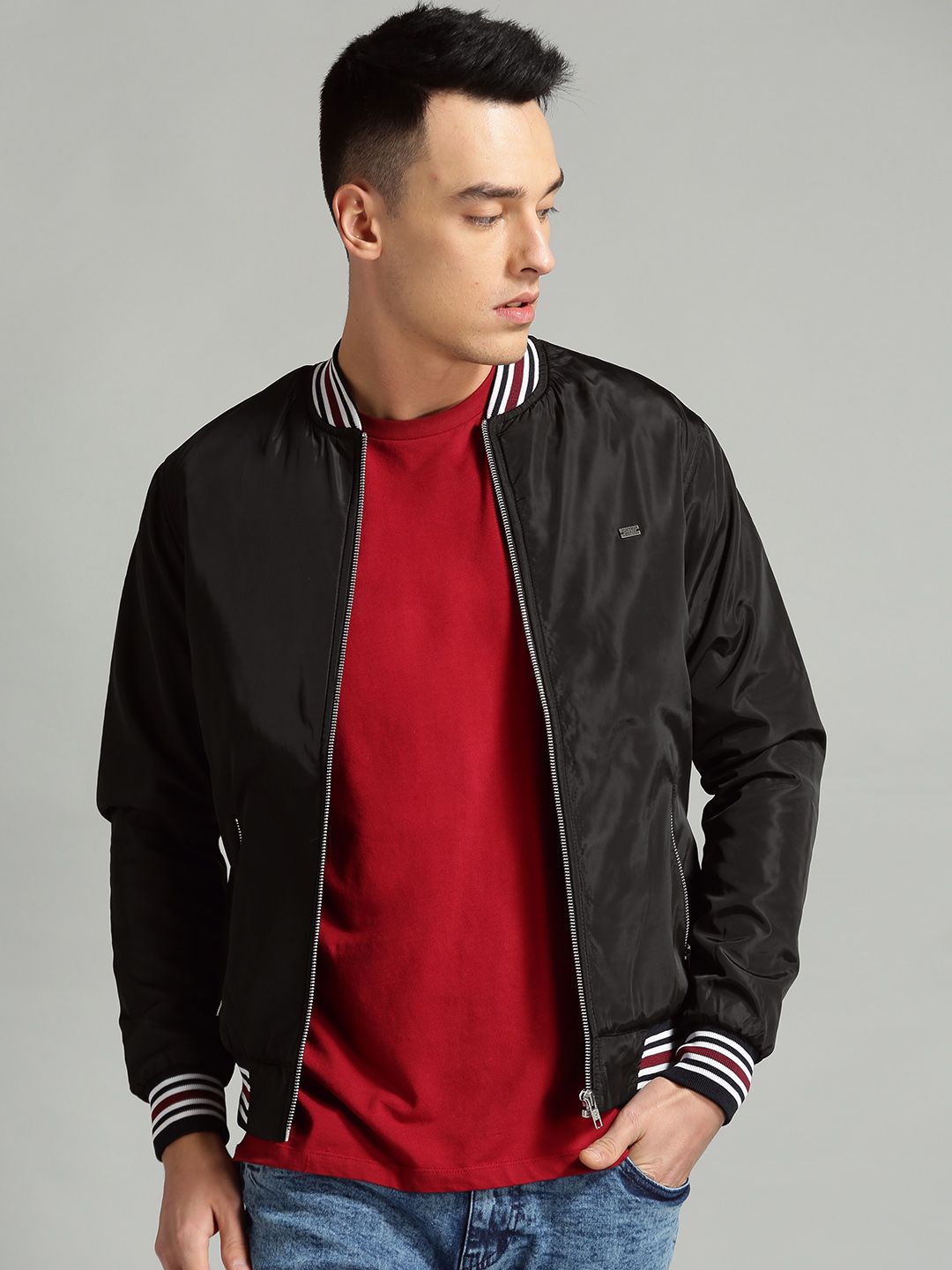 Buy Roadster The Roadster Lifestyle Co Men Black Solid Varsity Jacket ...