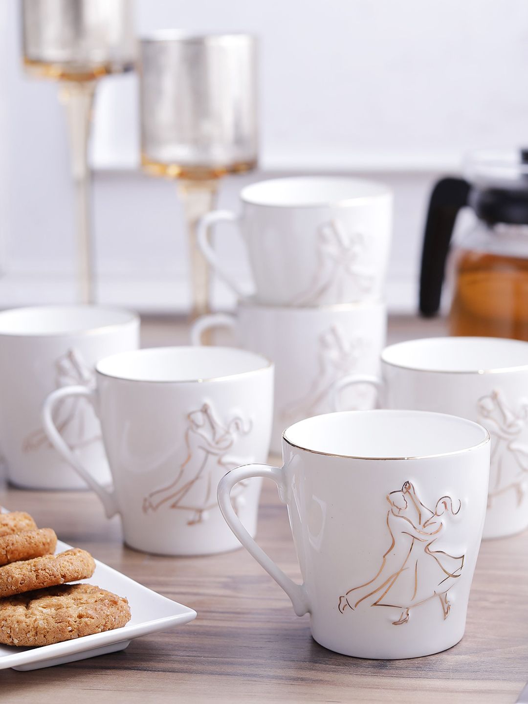 CLAY CRAFT Set of 6 White Printed Ceramic Tea Cups