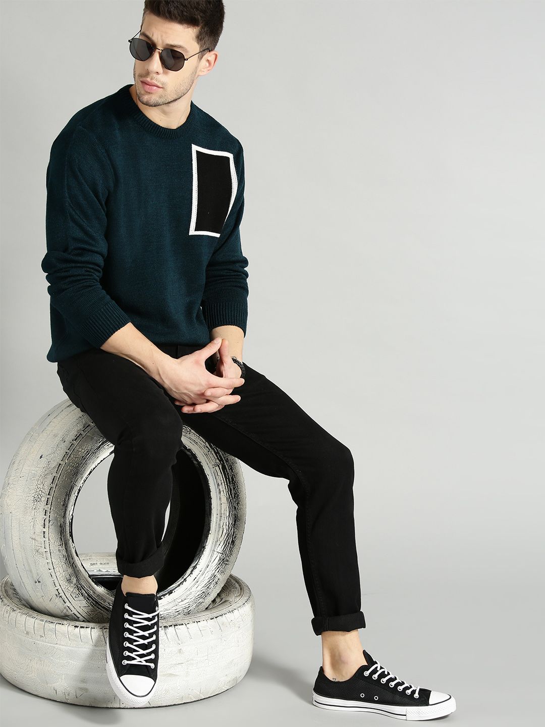 The Roadster Lifestyle Co Men Teal Green & Black Solid Sweater-picture-13