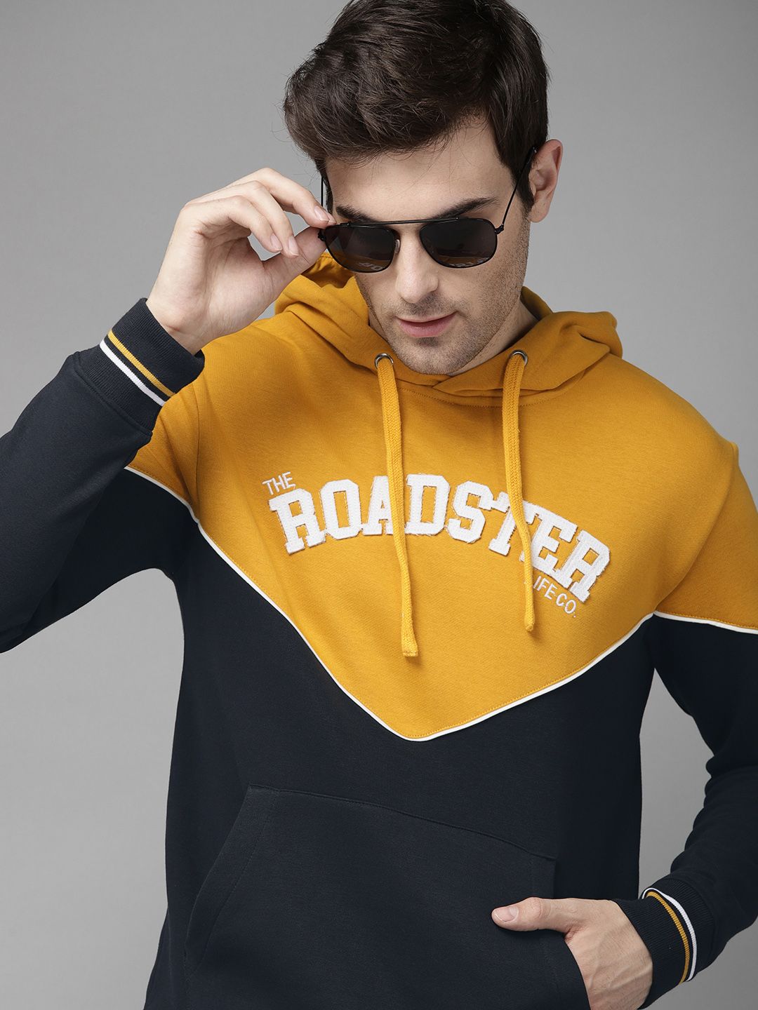 The Roadster Lifestyle Co Men Black & Mustard Yellow Colourblocked Hooded Sweatshirt