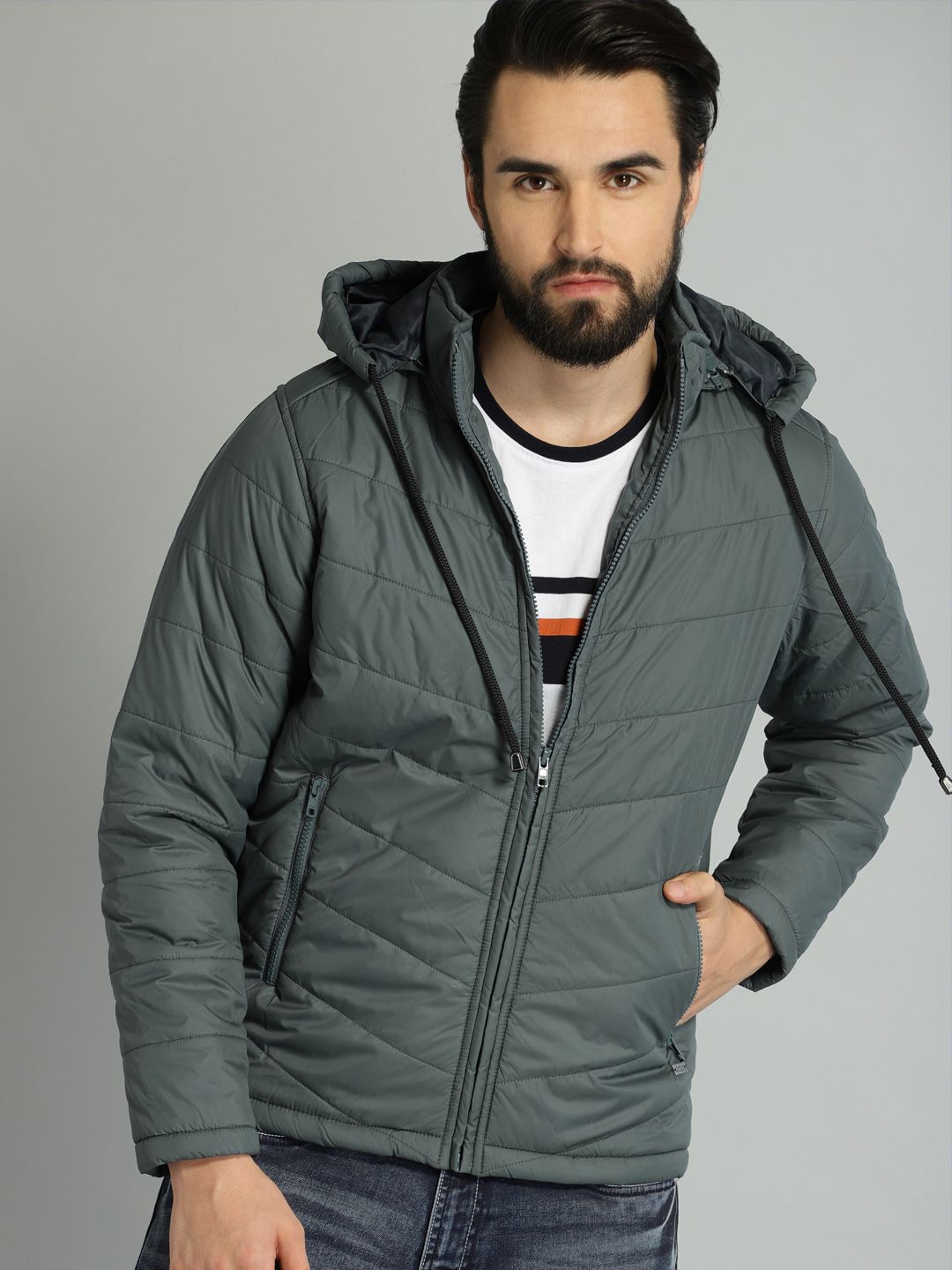 Roadster Men Grey Solid Puffer Jacket