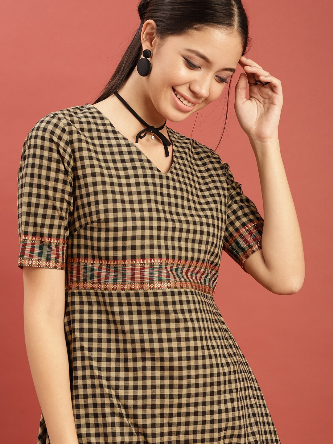 Taavi Women Beige & Black Woven Legacy A-Line Checked Dress with Pockets