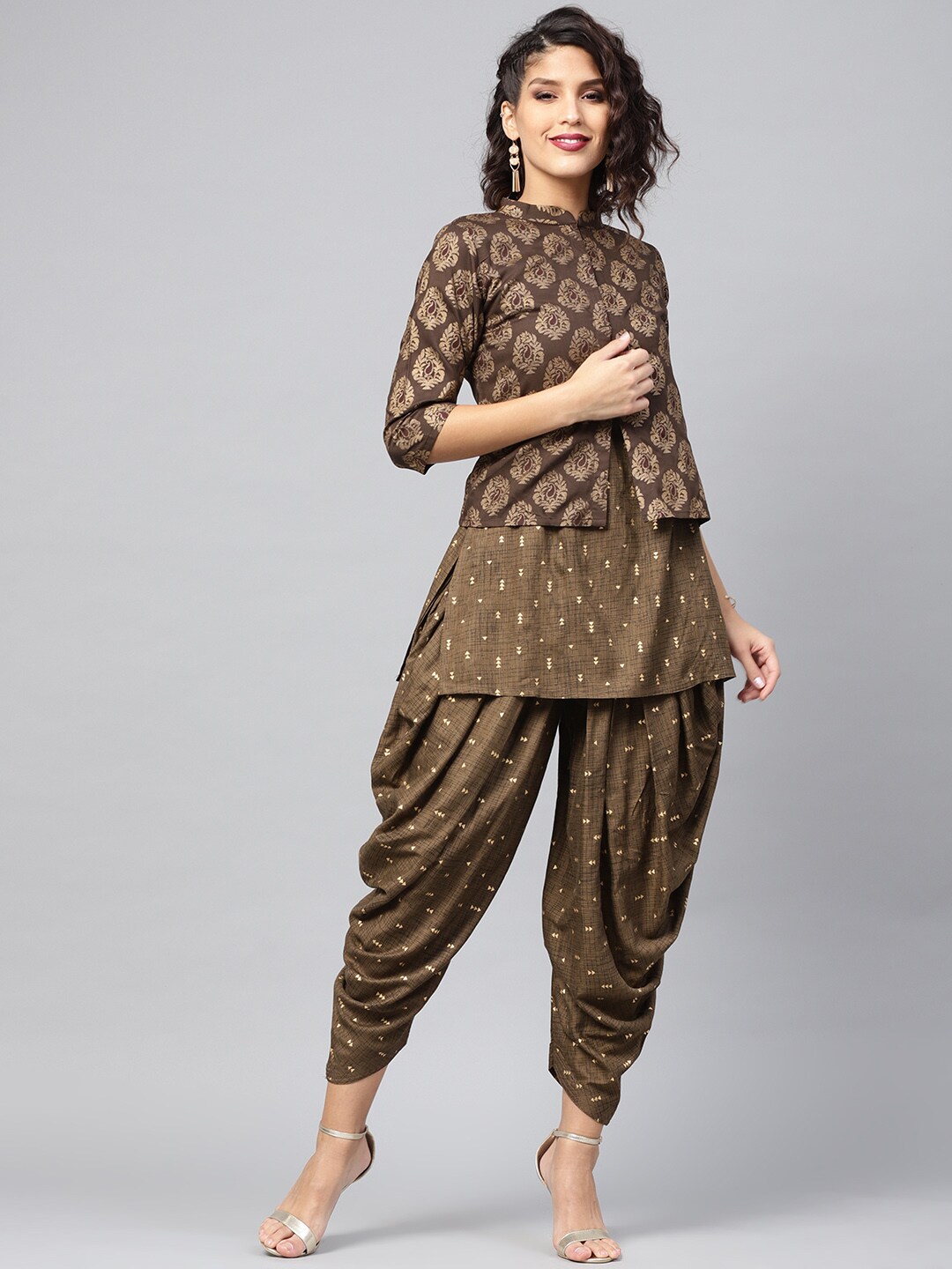 Libas Women Olive Brown & Golden Printed Kurti with Dhoti Pants & Ethnic Jacket