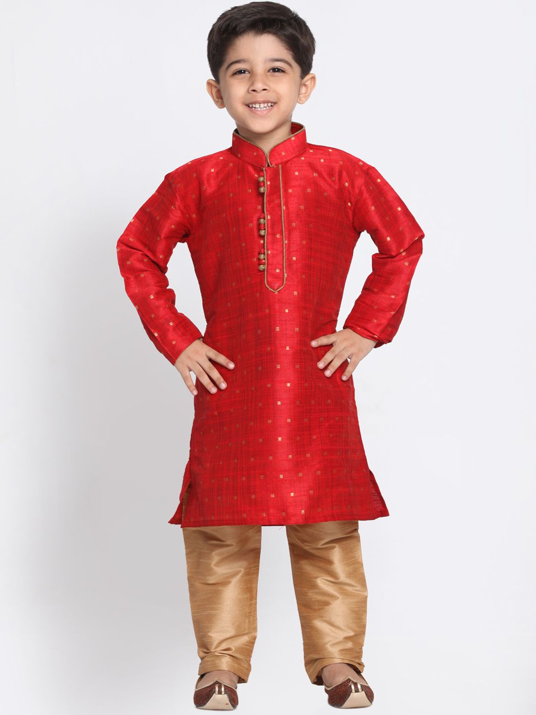VASTRAMAY Boys Maroon & Beige Woven Design Kurta with Churidar-picture-31