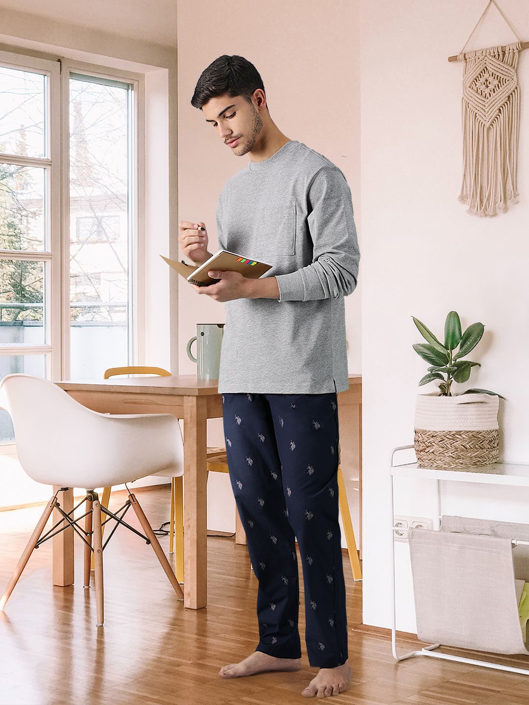 U.S. Polo Assn. Men Navy Blue & Grey Brand Logo Print Pure Cotton Lounge Pants