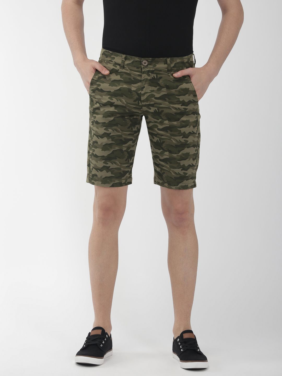 The Indian Garage Co Men Olive Green Camouflage Printed Slim Fit Chino Shorts-picture-17