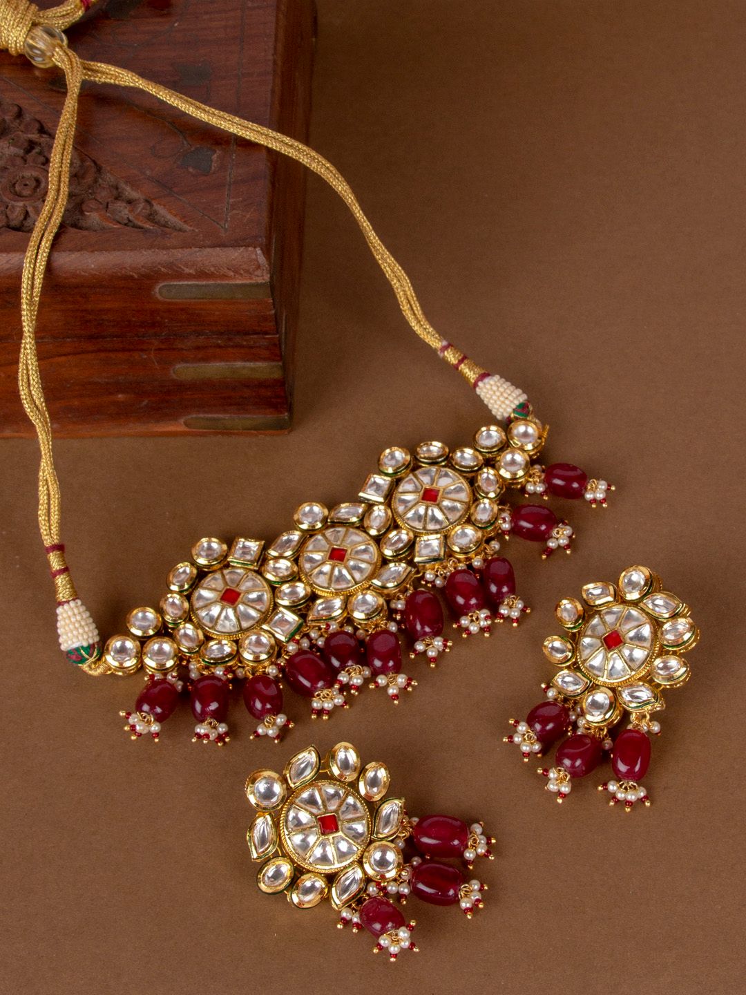 AccessHer Gold-Plated & Red Kundan and Ruby Stone-Studded Choker Jewellery Set-picture-19
