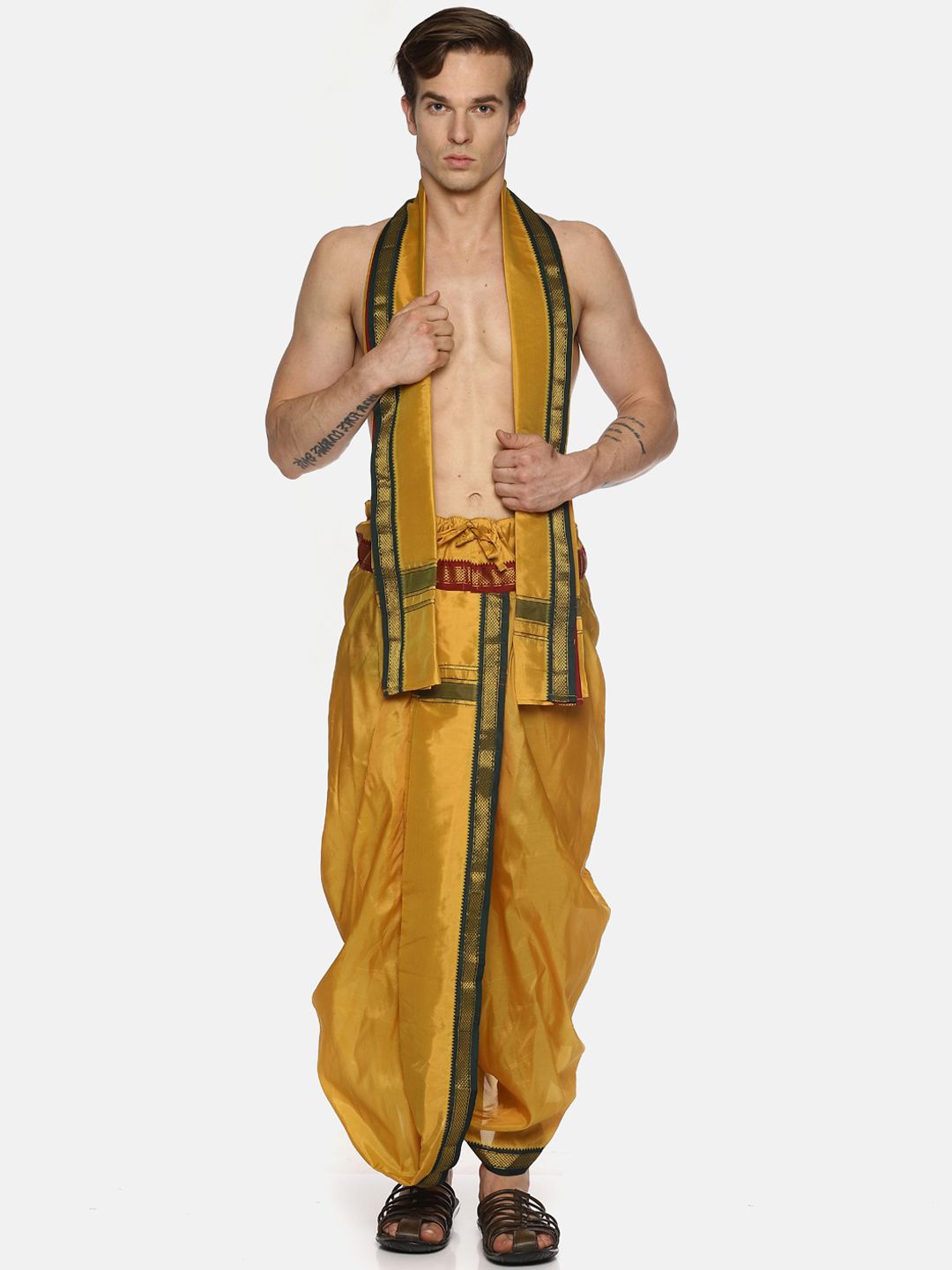 Sethukrishna Men Mustard Yellow Solid Readymade Dhoti Pants With Angavastram-picture-32