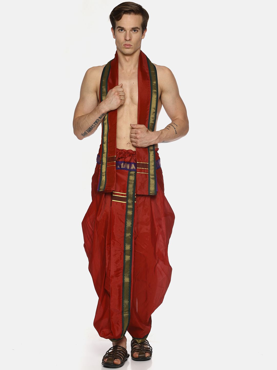 Sethukrishna Men Maroon Solid Readymade Dhoti Pants With Angavastram-picture-12