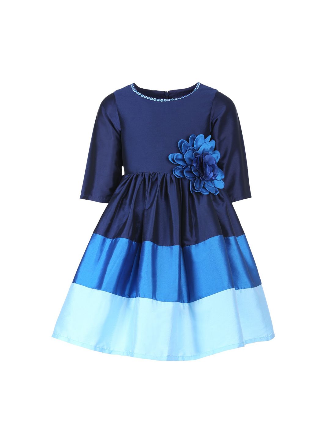 A Little Fable Girls Navy Blue Colourblocked Fit and Flare Dress-image-7